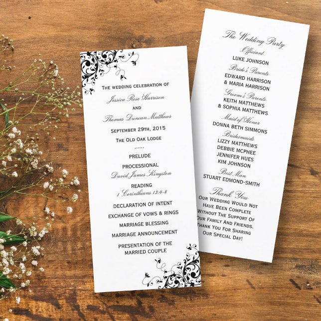 Elegant Swirls Black & White Wedding Program Rack Card (Creator Uploaded)