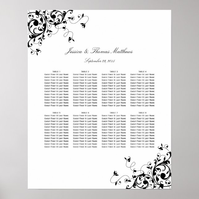 Elegant Swirls Black & White Wedding Seating Chart (Front)
