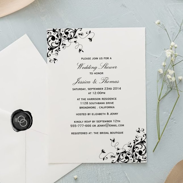 Elegant Swirls Black & White Wedding Shower Invitation (Creator Uploaded)