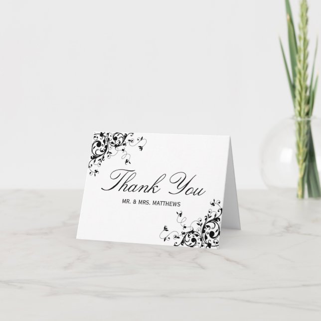 Elegant Swirls Black & White Wedding Thank You (Front)