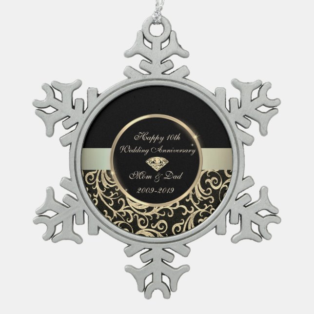 Elegant Swirls Gold 10th Wedding Anniversary Snowflake Pewter Christmas Ornament (Front)