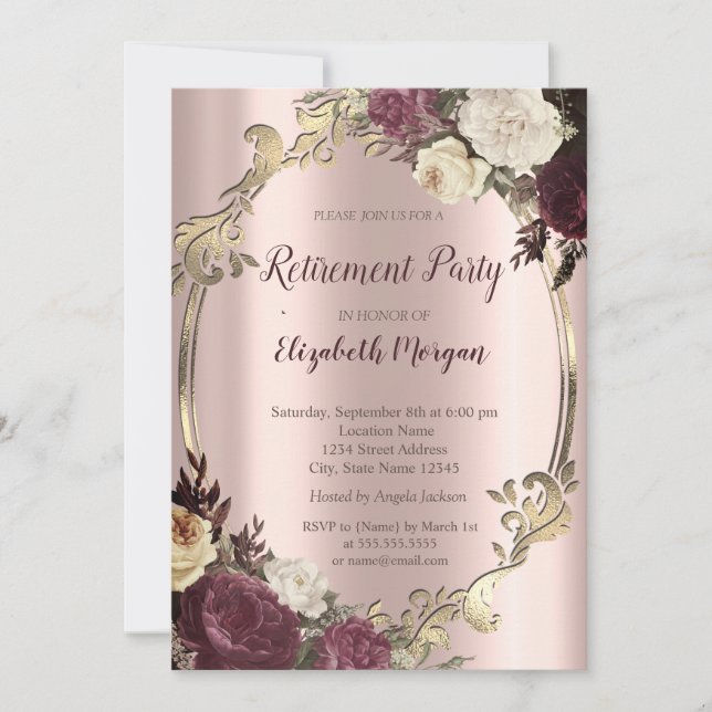 Elegant Swirls Gold Frame,Burgundy Retirement  Invitation (Front)