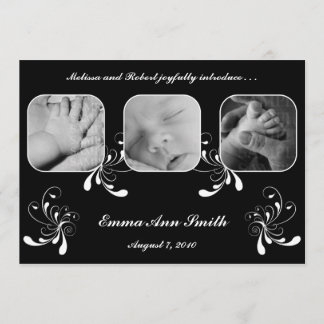 Elegant swirls inblack and white baby announcement