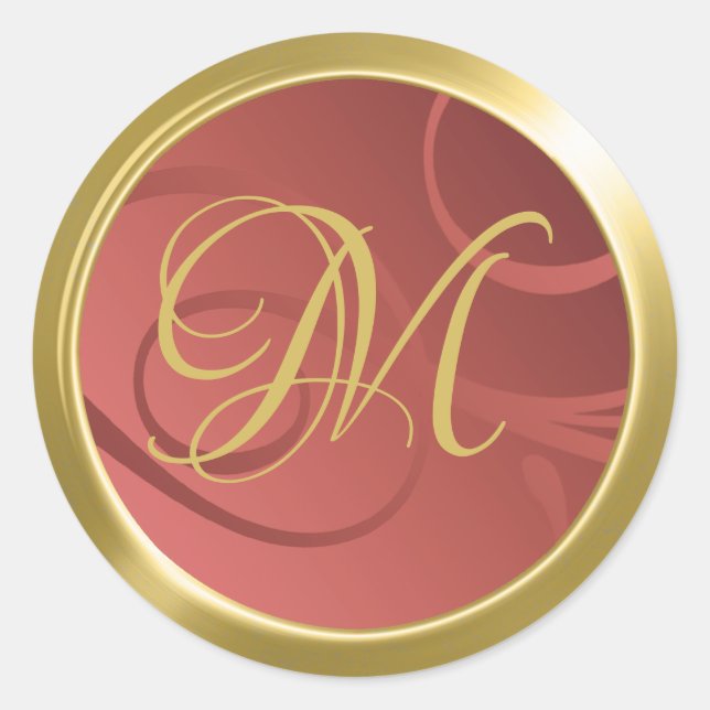 Elegant Swirls Monogram Gold Terracotta Orange Classic Round Sticker (Front)