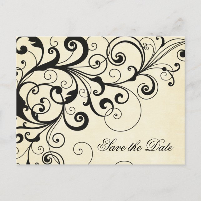 Elegant swirls save the date announcement postcard (Front)