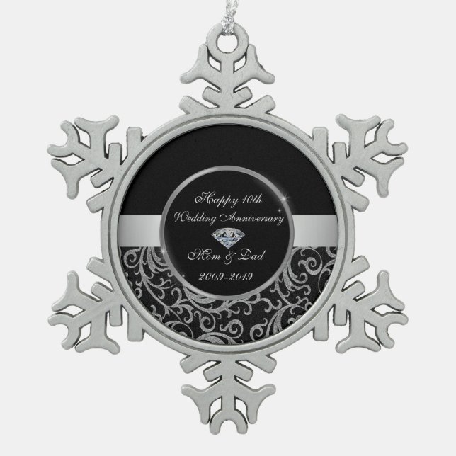 Elegant Swirls Silver 10th Wedding Anniversary Snowflake Pewter Christmas Ornament (Front)