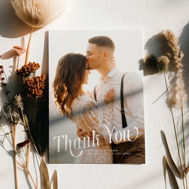 Elegant Swirly Typography Wedding Photo Thank You Card (Creator Uploaded)