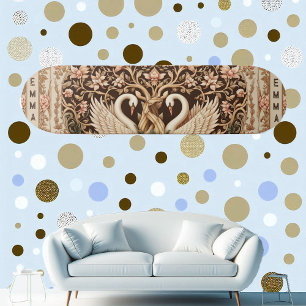 Elegant Symmetry Swan Couple Art Deco Floral Motif Skateboard