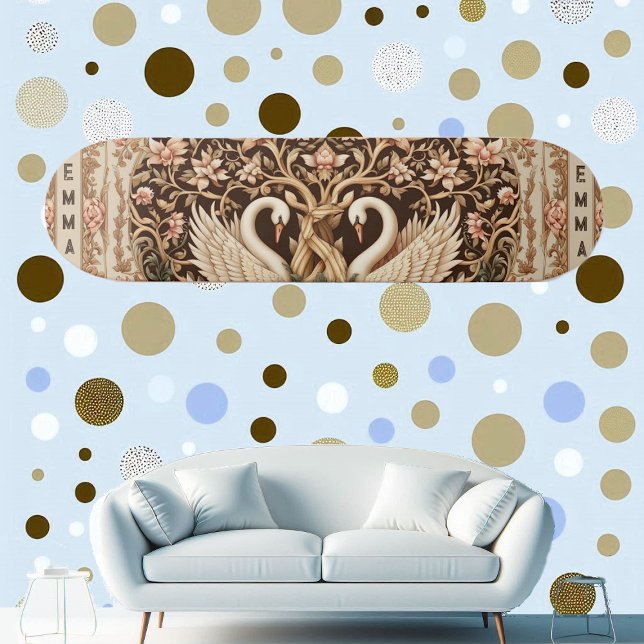 Elegant Symmetry Swan Couple Art Deco Floral Motif Skateboard (Elegant Symmetry Swan Couple Art Deco Floral Motif Skateboard)