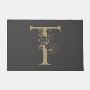 Elegant T Boho Floral Monogram Initial Grey Gold Doormat