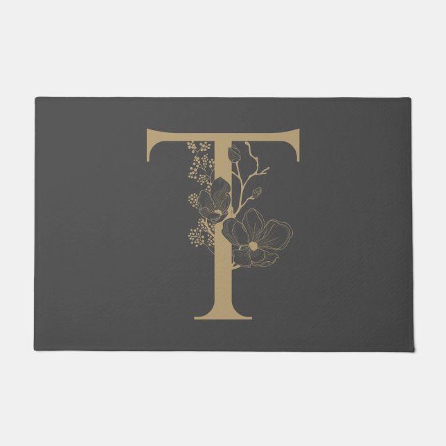 Elegant T Boho Floral Monogram Initial Grey Gold Doormat (Front)