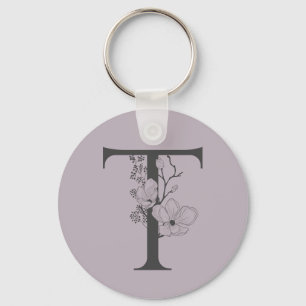 Elegant T Boho Floral Monogram Initial Lilac Grey Key Ring
