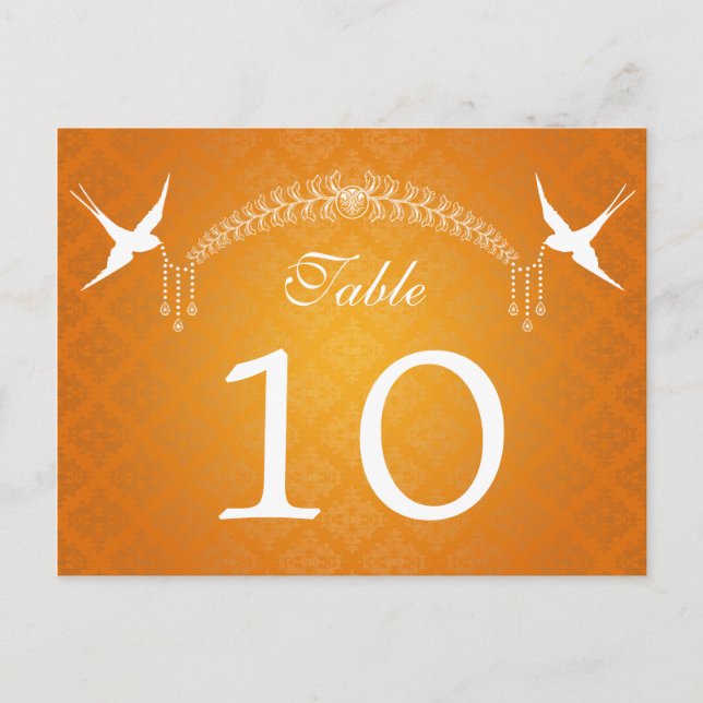 Elegant Table Number Birds & Diamonds Orange Postcard (Front)