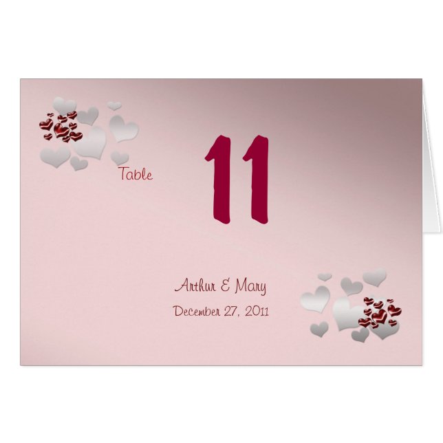Elegant Table Number Card with Red hearts (Front Horizontal)