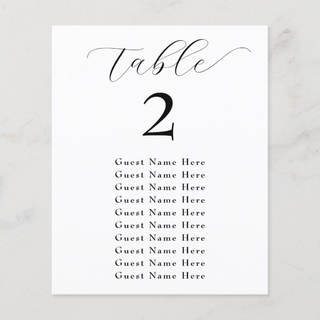 Elegant Table Number Names Black White Minimalist (Front)
