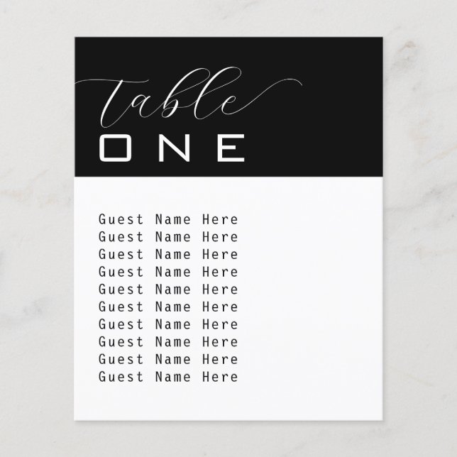 Elegant Table Number Names Black White Minimalist (Front)