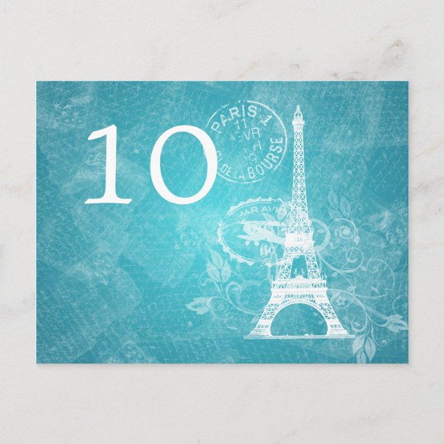 Elegant Table Number Romantic Paris Blue Postcard (Front)