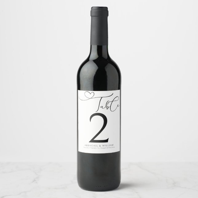 Elegant Table Number Script Black & White Wedding  Wine Label (Front)