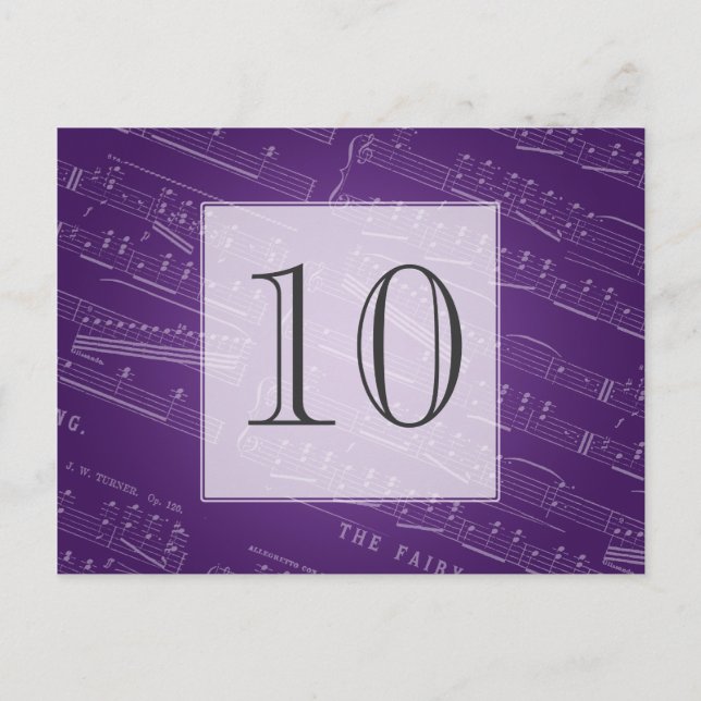 Elegant Table Number Sheet Music Purple Postcard (Front)