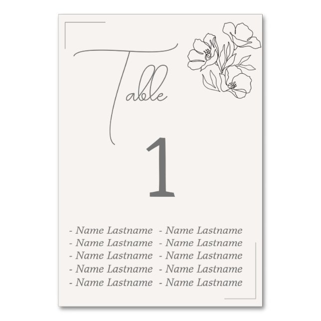 Elegant Table number with names, sitting. (Front)