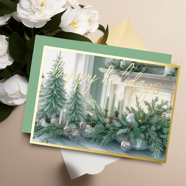 Elegant Tablescape Mint Green Evergreen Foil Holiday Card (Creator Uploaded)