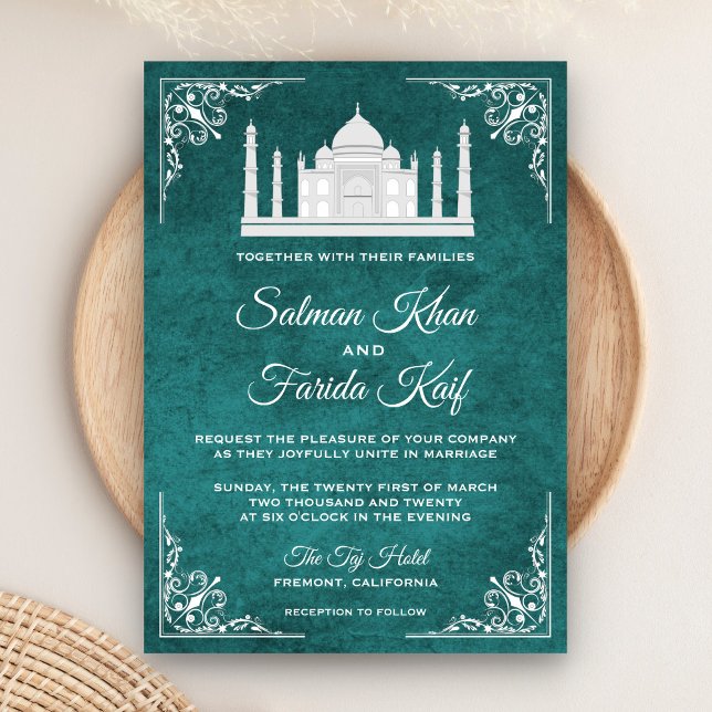 Elegant Taj Mahal Teal Arabian Wedding Invitation (Creator Uploaded)
