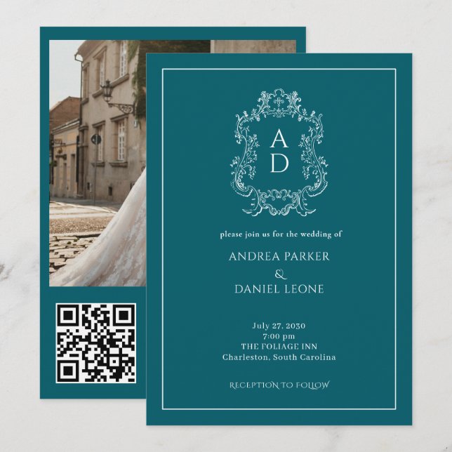 Elegant Tale Blue Engagement Party QR Code Photo Invitation (Front/Back)