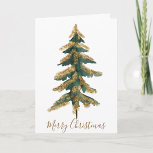 Elegant Tall Gold Green Merry Christmas Tree Photo Holiday Card