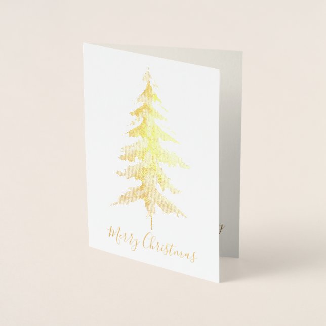 Elegant Tall Gold Merry Christmas Tree Photo Real Foil Card (Front)