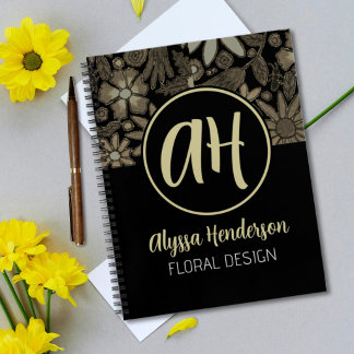 Elegant Tan & Black Floral Florist business Logo Notebook