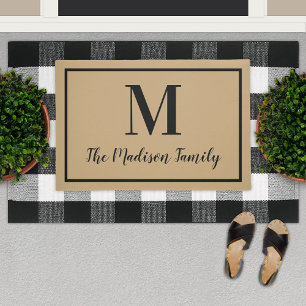 Elegant Tan Black Monogram Family Name Doormat