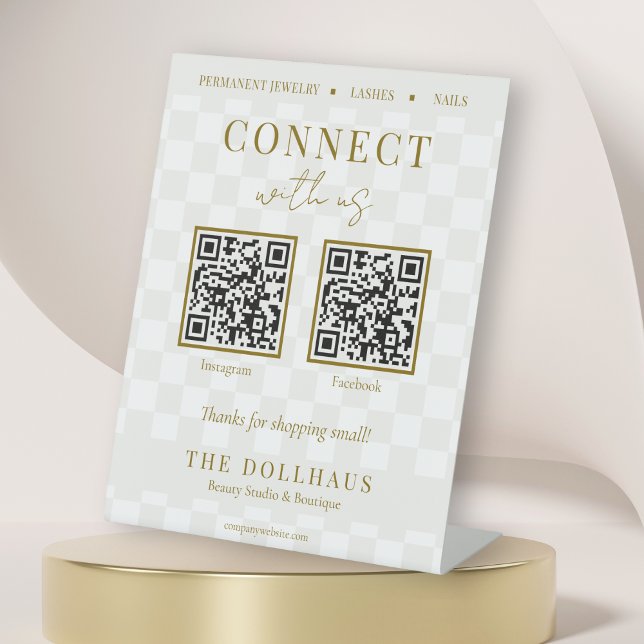 Elegant Tan Chequered Gold Connect With Us QR Code Pedestal Sign (Creator Uploaded)