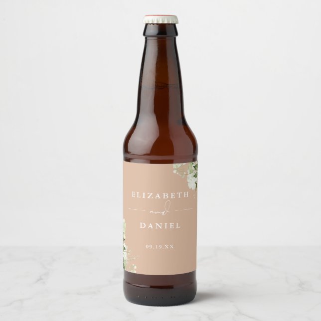 Elegant Tan Floral Greenery Wedding Beer Bottle Label (Front)