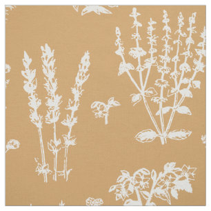 Elegant Tan Orange White Herbal Garden Pattern Fabric