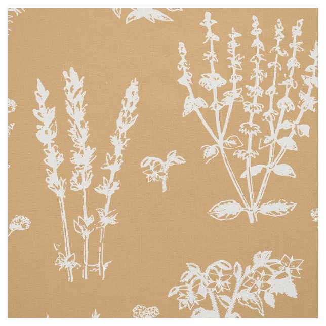Elegant Tan Orange White Herbal Garden Pattern Fabric (Swatch)