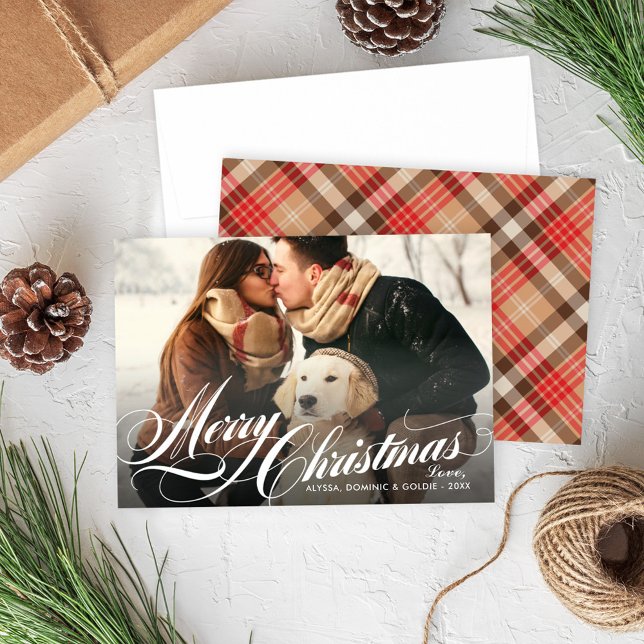 Elegant Tan Tartan Plaid Merry Christmas Photo Holiday Card (Creator Uploaded)