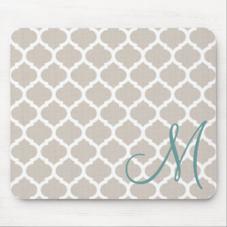 Elegant tan trellis pattern. Teal monogram Mouse Pad