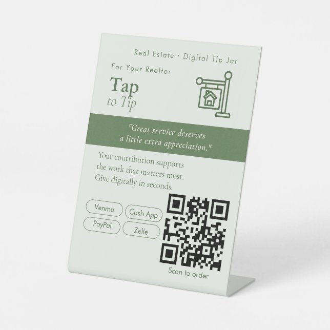 Elegant Tap to Tip QR Code Sign | Payments / Tips  (Front)