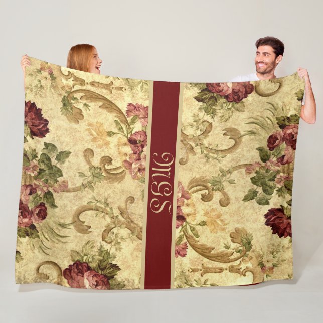 Elegant Tapestry Style Monogram with Roses Fleece Blanket (In Situ)