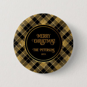Elegant Tartan Black Gold Glitter 6 Cm Round Badge