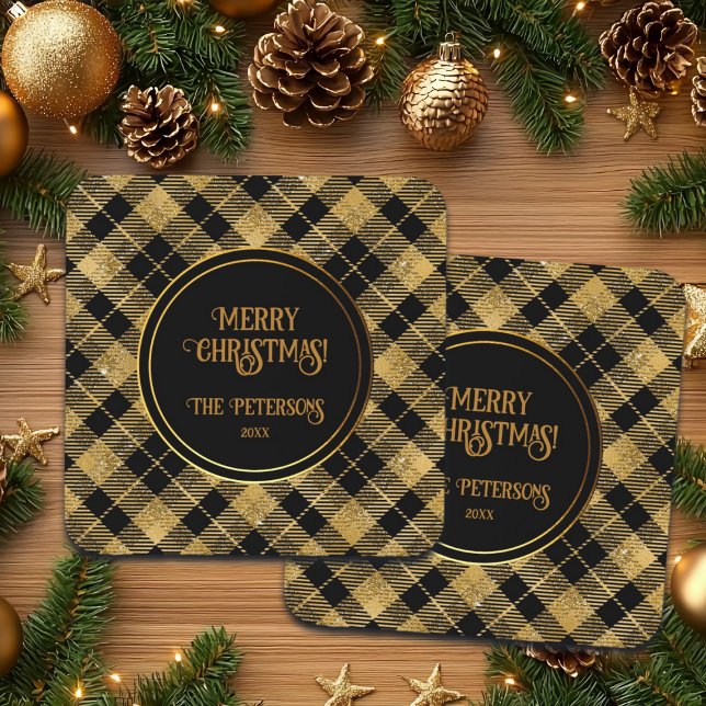 Elegant Tartan Black Gold Glitter Coaster (Creator Uploaded)