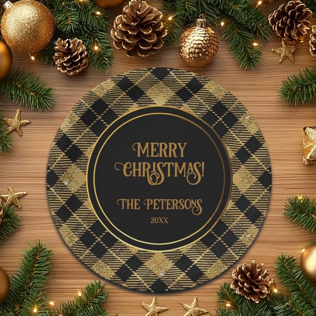 Elegant Tartan Black Gold Glitter Paper Plate (Creator Uploaded)
