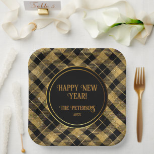 Elegant Tartan Black Gold Glitter Paper Plate