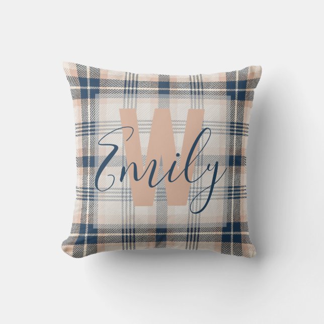 Elegant Tartan Blue Cream Monogram Cushion (Front)
