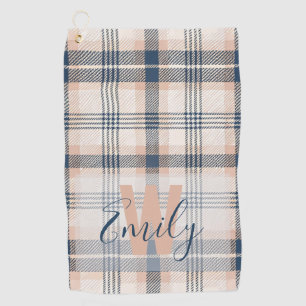 Elegant Tartan Blue Cream Monogram Golf Towel
