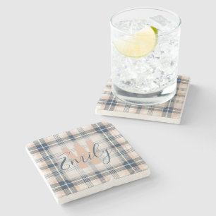 Elegant Tartan Blue Cream Monogram Stone Coaster