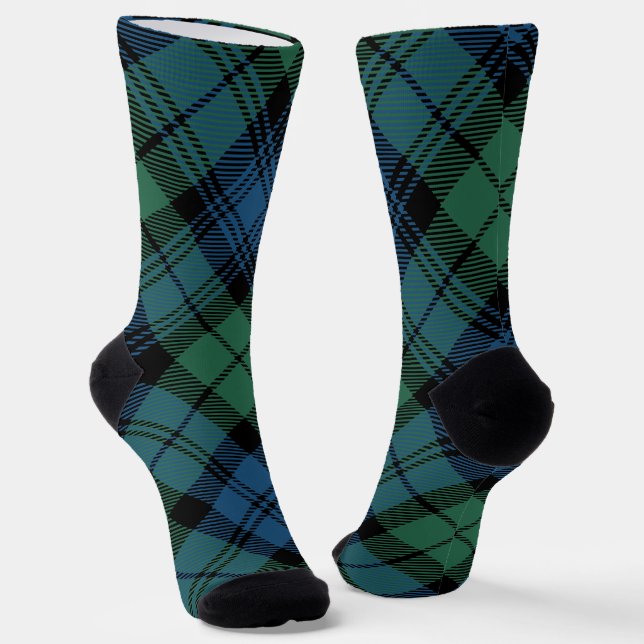 Elegant Tartan Campbell Blue Green Rustic Plaid Socks (Angled)