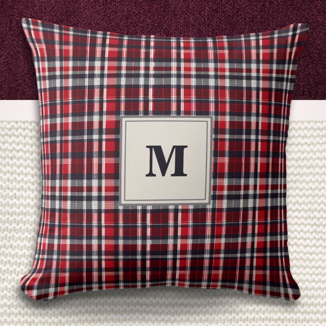 Elegant Tartan Check Patterned Stylish Monogrammed Cushion (A stylish monogrammed throw pillow with red, charcoal and cream tartan pattern)