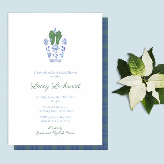 Elegant Tartan Chinoiserie Holidays Bridal Shower Invitation (Simple elegant Christmas Bridal Shower Invitation featuring a ginger jar vase with green bow)