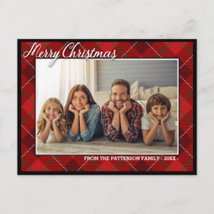 Elegant Tartan Merry Christmas Family Photo Postcard